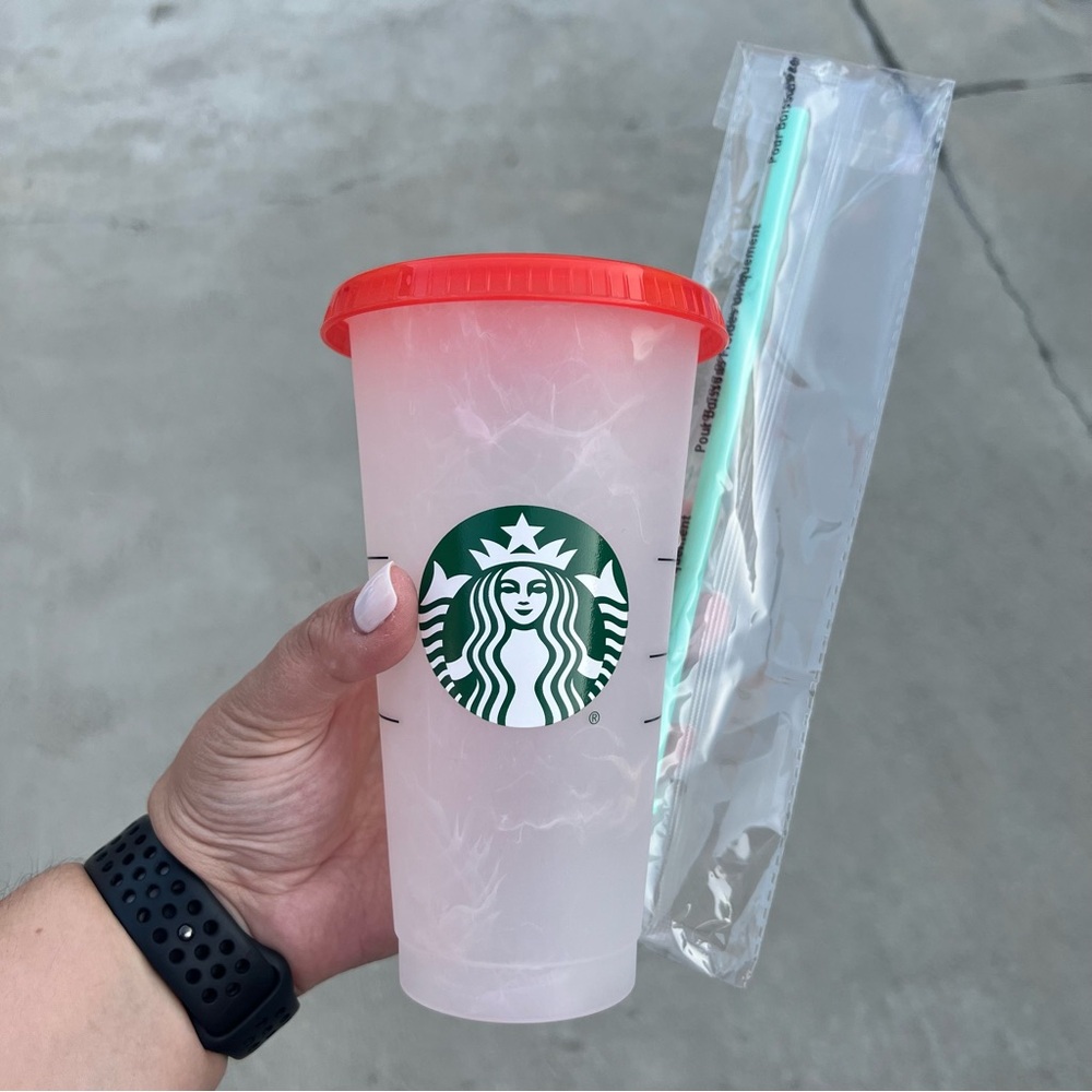 Starbucks Reusable Cold Cup - Frosty with orange lid and green straw - NWT